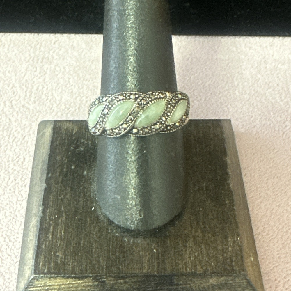 Vtg Signed NV Art Deco Ring Oxidized Sterling Silver 925 Aventurine Marcasite 8 - Picture 4 of 8